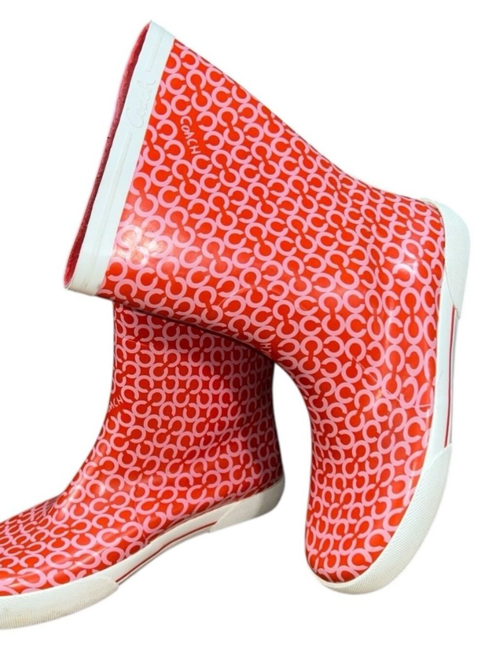 Coach Ursula Women 8 B Coach Logo Monogram Red White Short Rain Boots